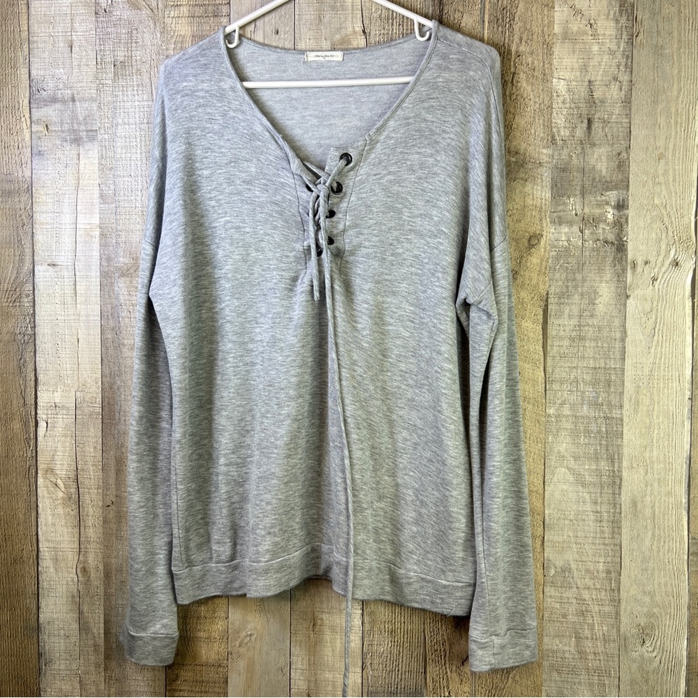12 PM by Mon Ami Gray Pullover Lightweight Lace-Up Front Long Sleeves Top
